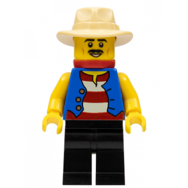 gondolier red and white striped shirt and blue vest black legs tan fedora hat red bandana