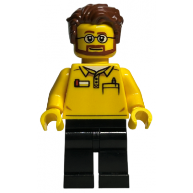 lego store employee black legs beard and glasses reddish brown tousled hair