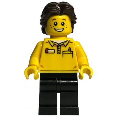 lego store employee black legs dark brown short wavy hair