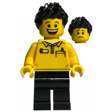 lego store employee black legs and spiked hair