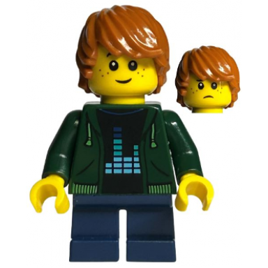 child - boy dark green hoodie dark blue short legs dark orange tousled hair freckles