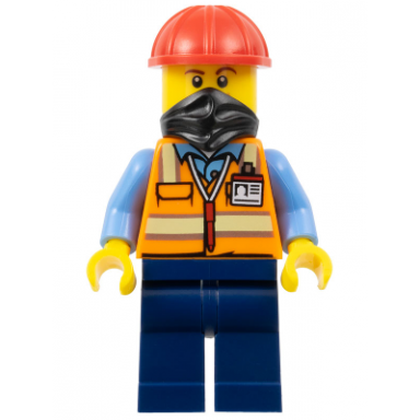 construction worker - male orange safety vest with reflective stripes dark blue legs red construction helmet black bandana
