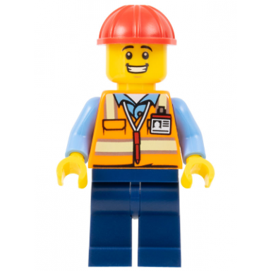 construction worker - male orange safety vest with reflective stripes dark blue legs red construction helmet large grin