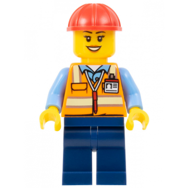 construction worker - female orange safety vest with reflective stripes dark blue legs red construction helmet crane operator