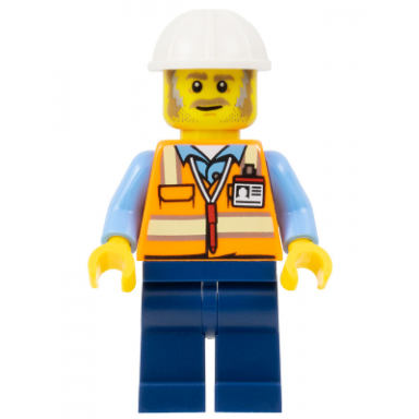construction foreman - male orange safety vest with reflective stripes dark blue legs white construction helmet