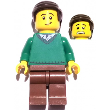 father - green v-neck sweater reddish brown legs dark brown combed hair