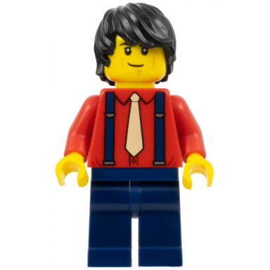 man - red shirt with tan tie dark blue legs black tousled hair