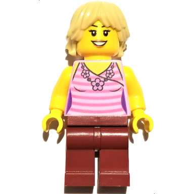 woman - dark pink striped top dark red legs tan tousled hair