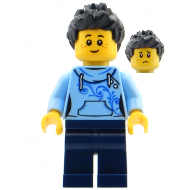 exhibition staff - male bright light blue hoodie dark blue legs