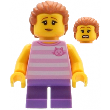 child - girl bright pink striped shirt with cat head medium lavender short legs dark orange swept back hair with ponytail