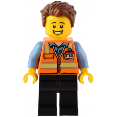 train driver - male orange safety vest with reflective stripes black legs reddish brown hair
