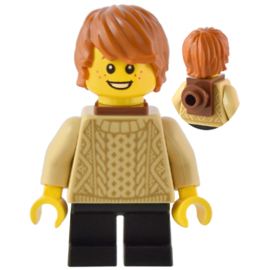 traveler - boy tan knit sweater black short legs reddish brown neck bracket and round plate dark orange hair