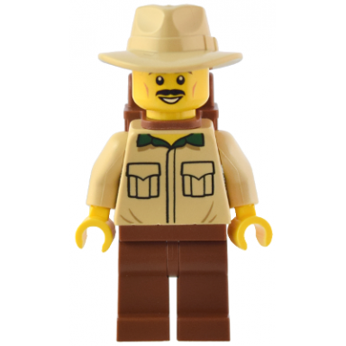 traveler - male tan shirt reddish brown legs reddish brown backpack tan fedora hat