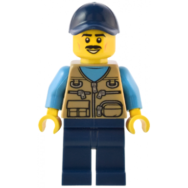 male - dark tan vest over dark azure shirt dark blue legs dark blue cap