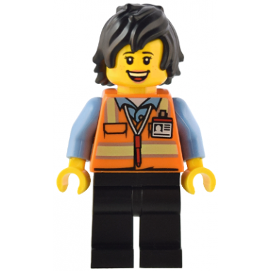train driver - female orange safety vest with reflective stripes black legs black hair