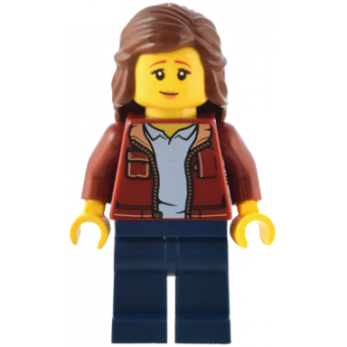 traveler - female dark red jacket with bright light blue shirt dark blue legs reddish brown hair