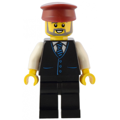 station master - black vest with blue striped tie black legs dark red hat beard