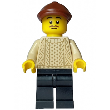 painter - male artist tan knit cable sweater black legs reddish brown flat cap