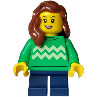 child - girl bright green sweater with bright light yellow zigzag lines dark blue short legs reddish brown hair over shoulder