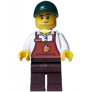 bakery boulangerie owner - reddish brown apron with cup and name tag dark brown legs dark green cap