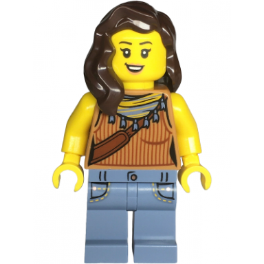 snack shack patron - female medium nougat tank top sand blue legs with pockets dark brown hair