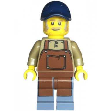 snack shack vendor - male dark tan top with reddish brown apron sand blue legs dark blue cap