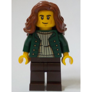 general store customer - female dark green open jacket dark brown legs reddish brown hair