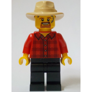 general store carriage driver - male red plaid flannel shirt black legs tan fedora