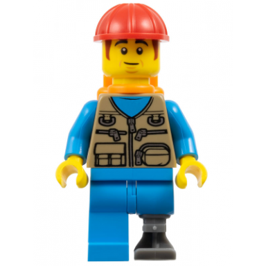 train worker - male dark tan vest dark azure legs prosthetic left leg orange air tanks construction helmet