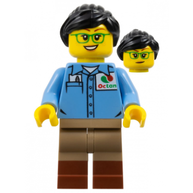 train worker - female medium blue octan shirt dark tan legs with reddish brown boots green glasses black ponytail
