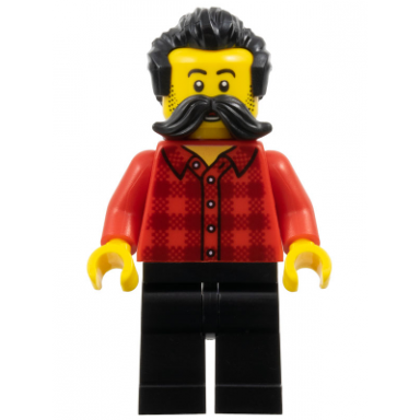 train worker - red plaid flannel shirt black legs moustache and hair