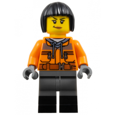 train worker - orange jacket dark blue gray legs with black boots black bob cut hair
