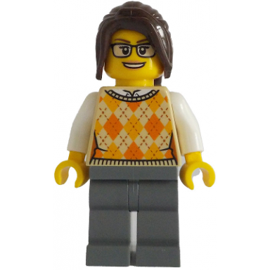 ticket vendor - female tan knit argyle sweater vest dark bluish gray legs dark brown hair ponytail long with side bangs glasses