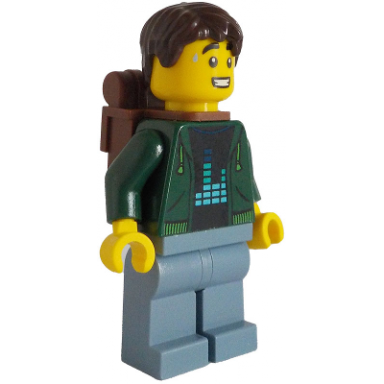 traveler - male dark green hoodie sand blue legs dark brown short tousled hair backpack