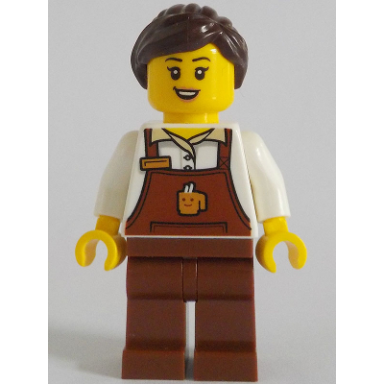 barkeeper - female reddish brown apron with cup and name tag reddish brown legs dark brown hair ponytail and swept sideways fringe