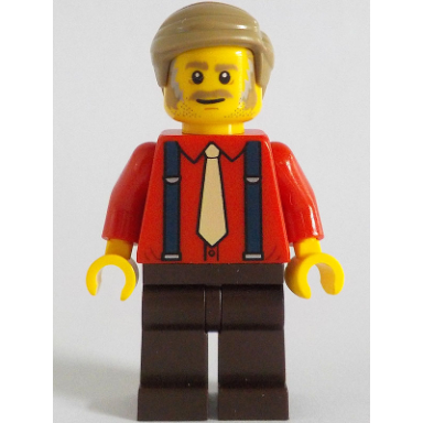 passenger - male red shirt with tan tie dark brown legs dark tan hair short combed