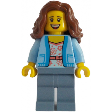 passenger - female bright light blue jacket over white shirt with coral flowers sand blue legs reddish brown wavy hair