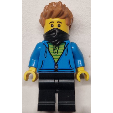 train worker - male dark azure hoodie with green striped shirt black legs and bandana medium nougat spiked hair