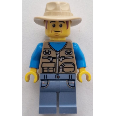 passenger - male dark tan vest over dark azure shirt sand blue legs with pockets tan fedora hat