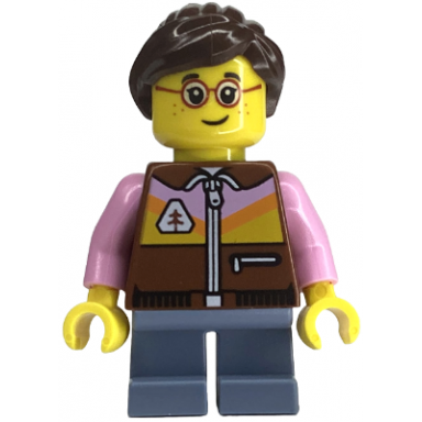 child - girl reddish brown jacket sand blue short legs dark brown ponytail glasses freckles