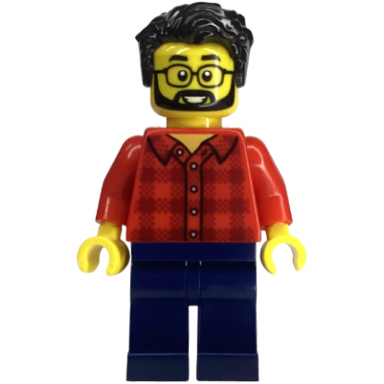 camper - male red plaid flannel shirt dark blue legs black hair glasses beard
