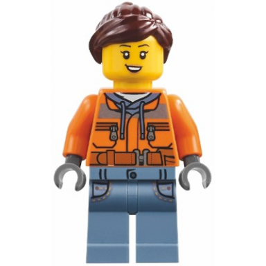 harbormasters office attendant - orange safety jacket sand blue legs with pockets dark brown ponytail