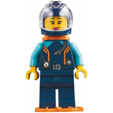 harbormasters office diver - dark blue diving suit and helmet orange air tanks and flippers trans-clear visor
