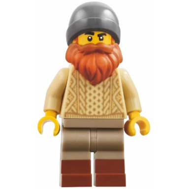 harbormasters office fisherman - tan knit cable sweater dark tan legs with molded reddish brown boots dark bluish gray beanie dark orange beard