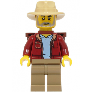 lost city explorer - male dark red jacket with bright light blue shirt dark tan legs tan fedora backpack