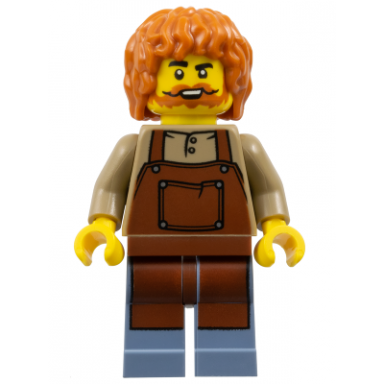 the art of chocolate technician - male reddish brown apron sand blue legs dark orange hair