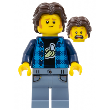 the art of chocolate customer - male dark azure flannel shirt dark blue banana t-shirt sand blue legs dark brown short wavy hair