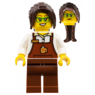 the art of chocolate barista - female reddish brown apron with cup and name tag reddish brown legs dark brown hair ponytail long