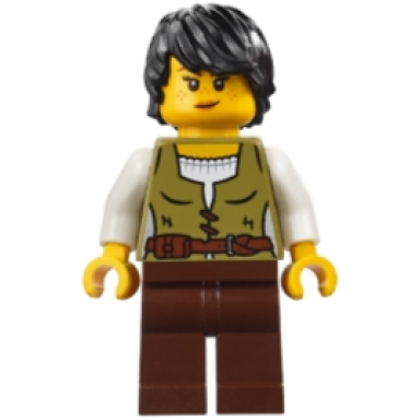 medieval seaside market snake charmer - female vest over white shirt dark brown legs black hair