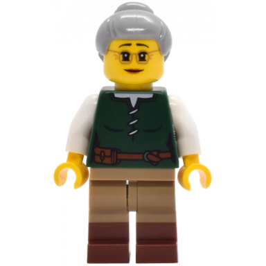 riverside scholars - female dark green laced shirt dark tan legs with molded reddish brown boots light bluish gray hair with top knot bun